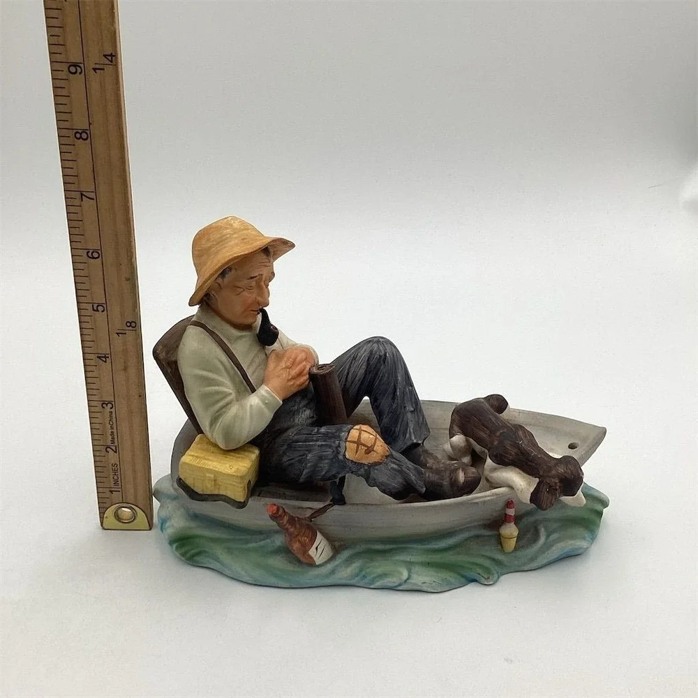 Vintage Ceramic Sleeping‎ Fisherman with Dog Figurine Nautical Decor
